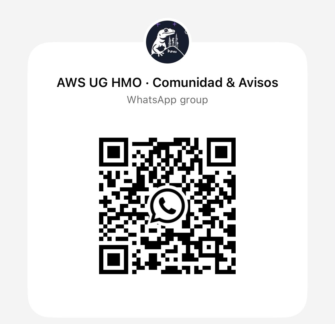 Código QR para unirse al grupo de WhatsApp AWS UG HMO Comunidad y Avisos