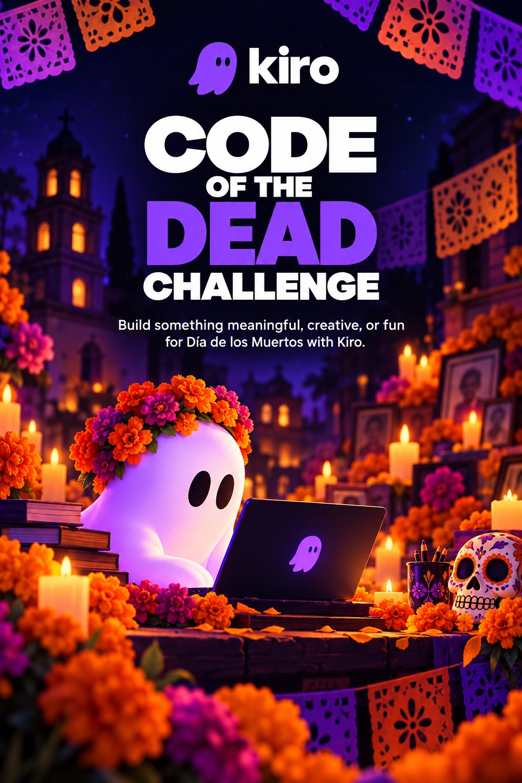 Afiche Code of the Dead Challenge de Kiro: un fantasma morado con corona de cempasúchil trabaja en una laptop frente a un altar de Día de Muertos.
